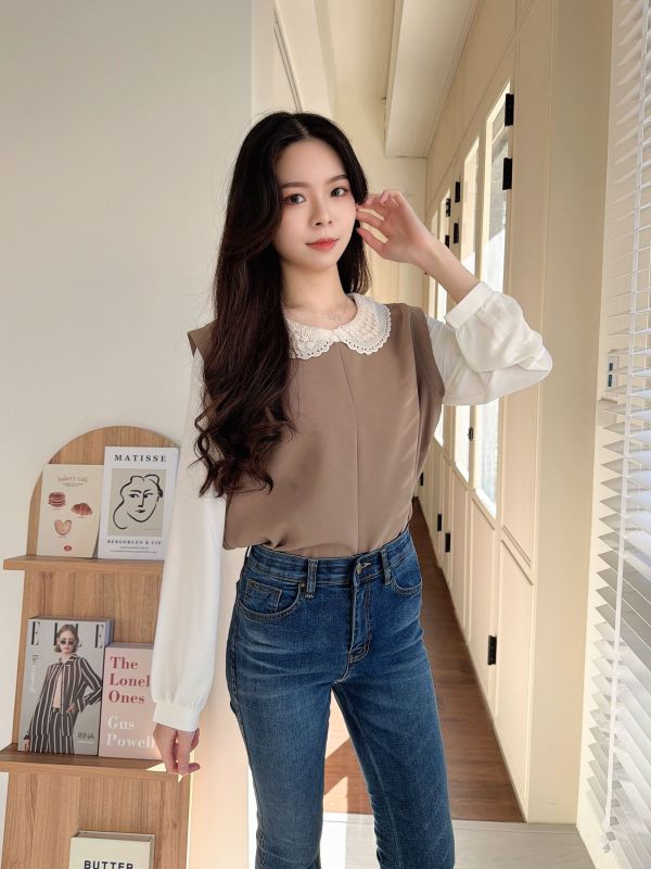 WQA52 刺繡雕花領雪紡上衣 