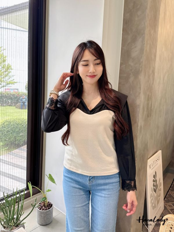 WSA58 美美袖拼接蕾絲翻領杉 