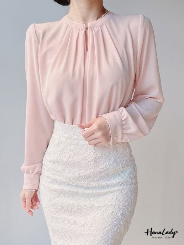 LEA26 珍珠領線圈滾邊雪紡上衣 