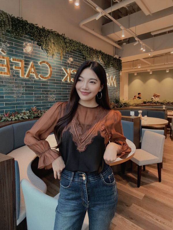 WQB68 睫毛蕾絲大V線雪紡上衣 