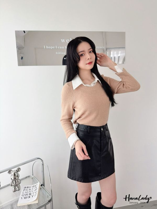 LEA29 假兩件襯衫領針織上衣 