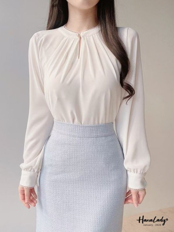 LEA26 珍珠領線圈滾邊雪紡上衣 