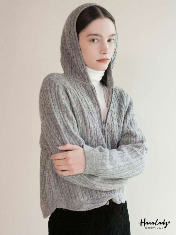 LEA64 超嫩Q麻花連帽針織拉鍊外 