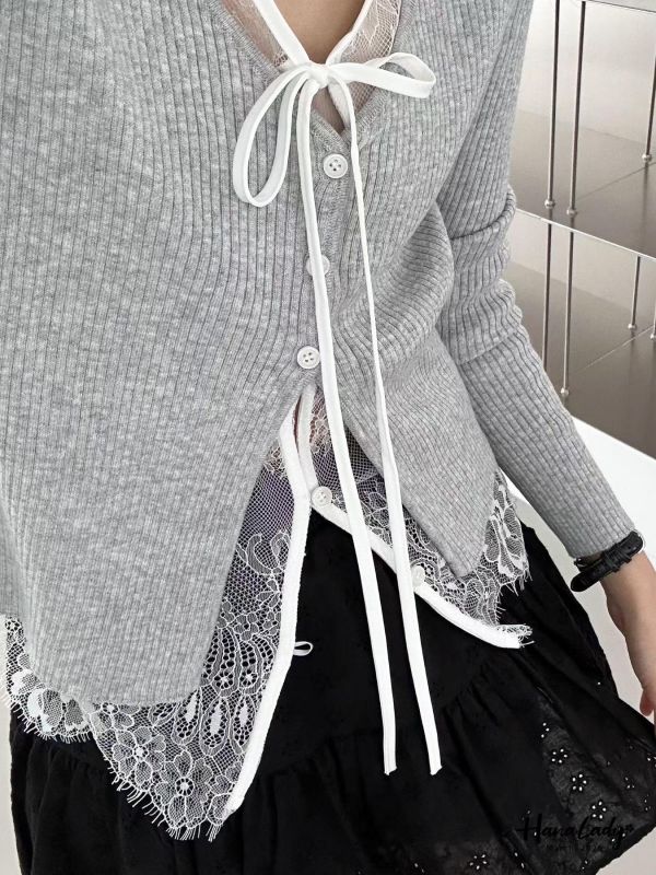 LSA01 親膚針織綁結蕾絲上衣 