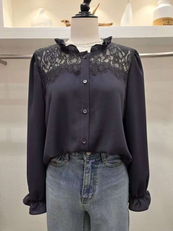 WQA90 優雅荷葉蕾絲領雪紡衫 