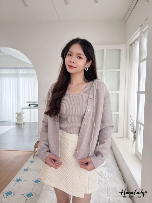 WJA05 兩件式抽繩木紋釦針織衫 