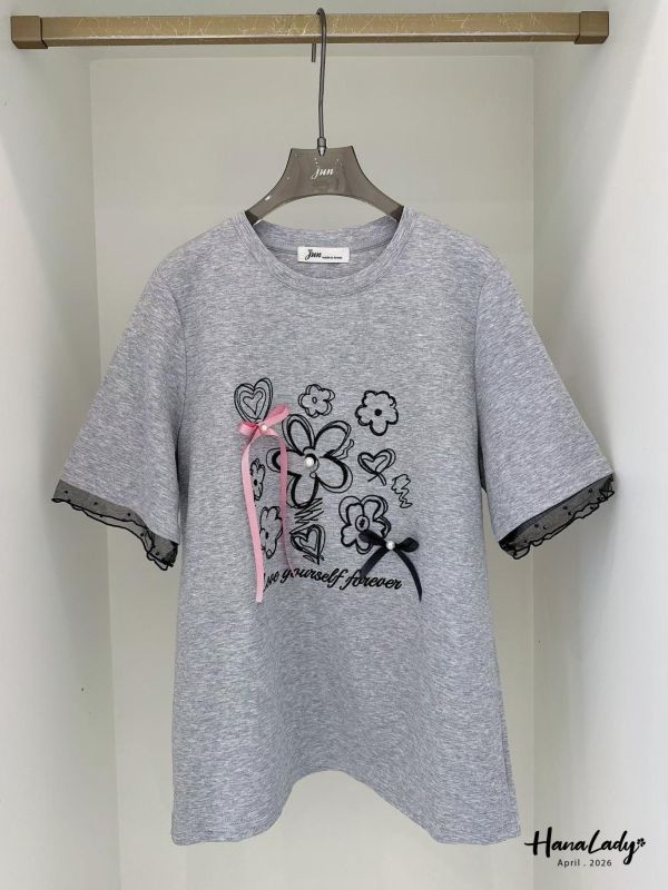 LFA08 刺繡花朵珍珠緞帶T 