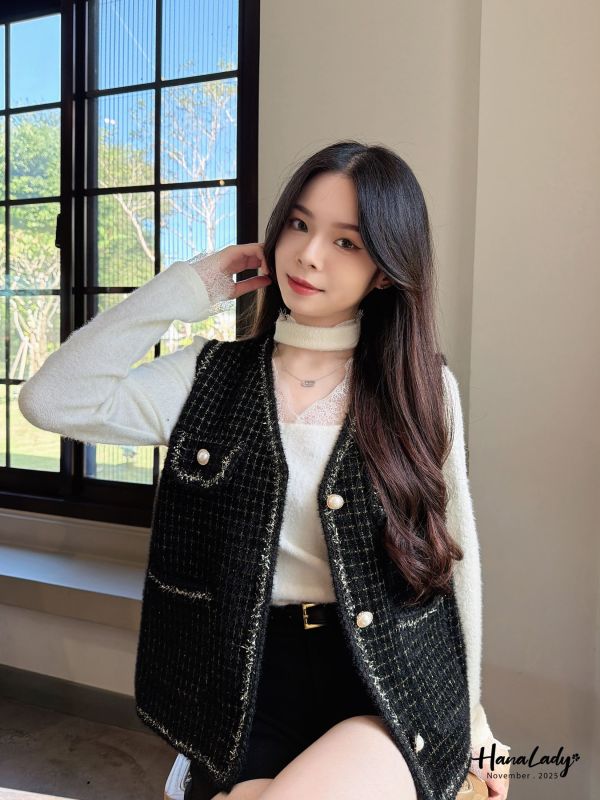 WJB42 金蔥點綴珍珠釦毛料背心 