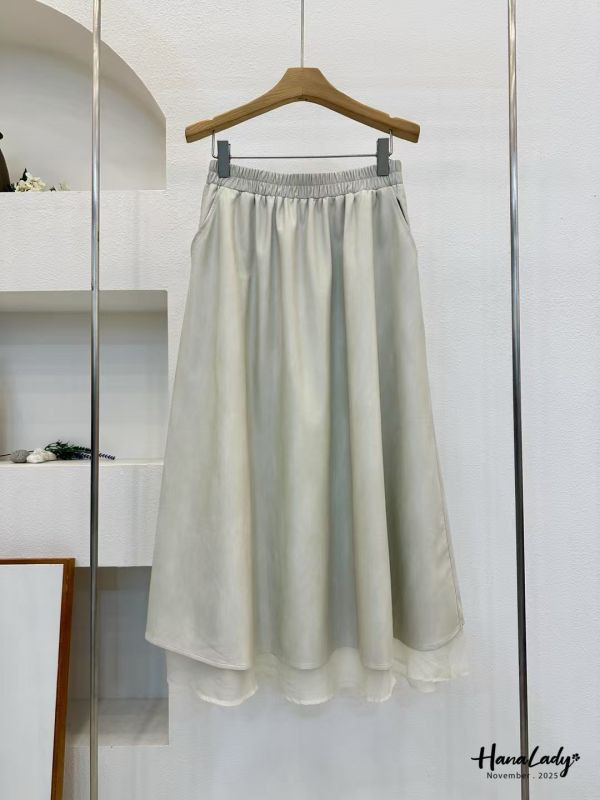 WJA82 層次接紗鬆緊腰皮裙 