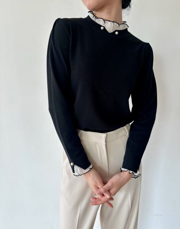 WQA60 接紗滾邊珍珠純色上衣 