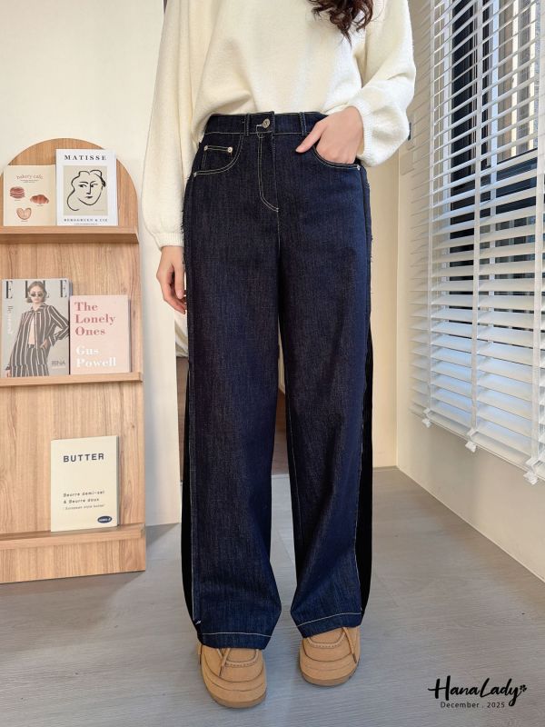 WQA12 燈心絨黑邊長腿丹寧褲 