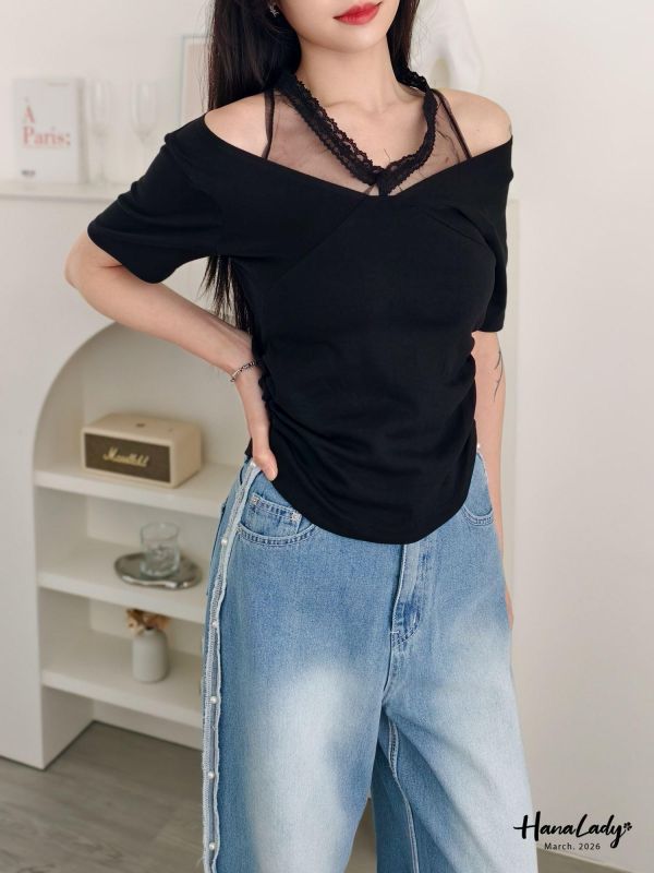 LSA10 設計感蕾絲繞脖上衣 