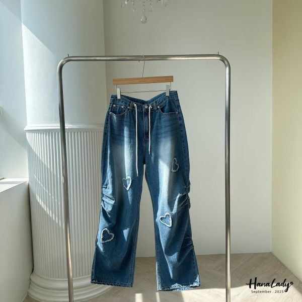 WKA83 抽繩愛心毛鬚抽繩丹寧褲 