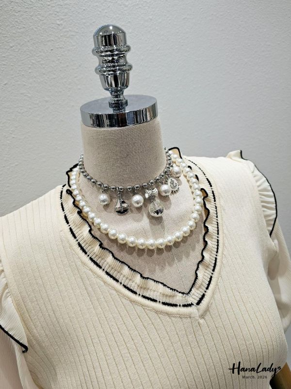 LSA06 浪漫雪紡滾邊V領針織上衣 