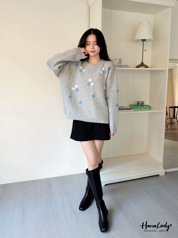 WQA66 可愛繡花配色針織上衣 