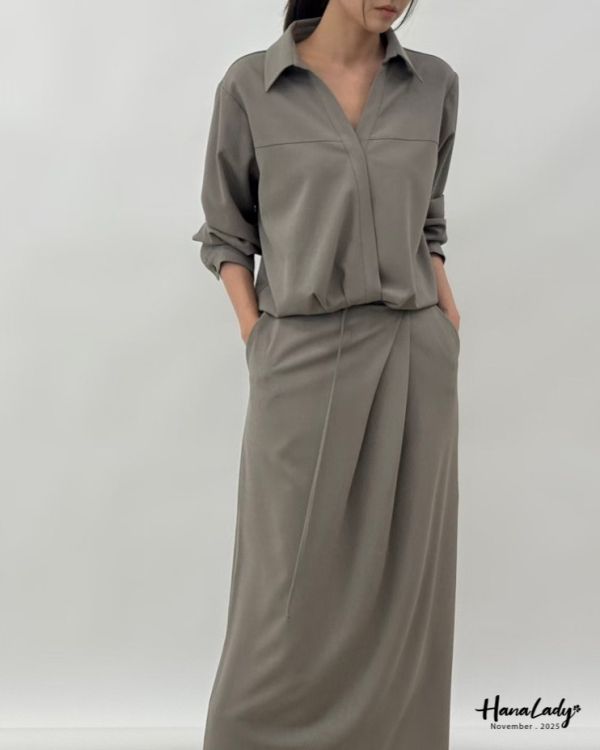 WJB04 氣質壓摺後開衩長裙 