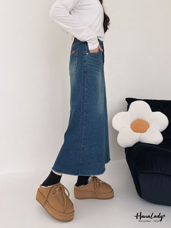 WJA38 簡約直筒後開衩丹寧裙 