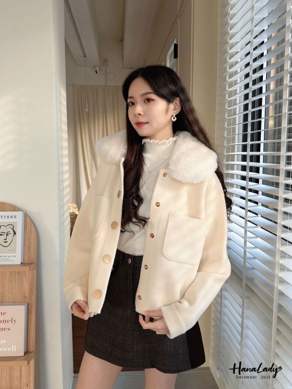 WQA25 毛領金釦嫩Q針織外毛可拆 