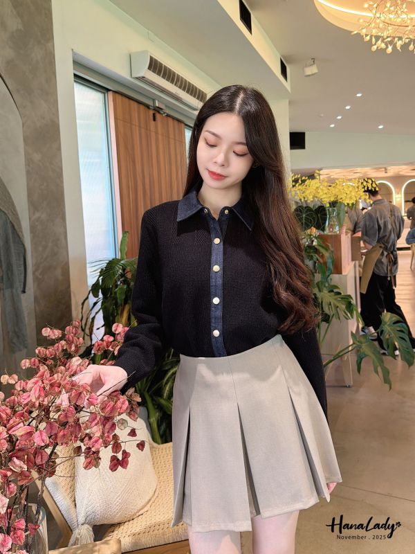 WJB17 俐落針織拼接丹寧上衣 