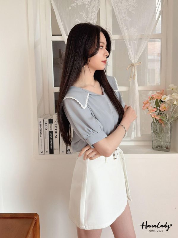 LFA11 甜美蕾絲邊翻領雪紡上衣 