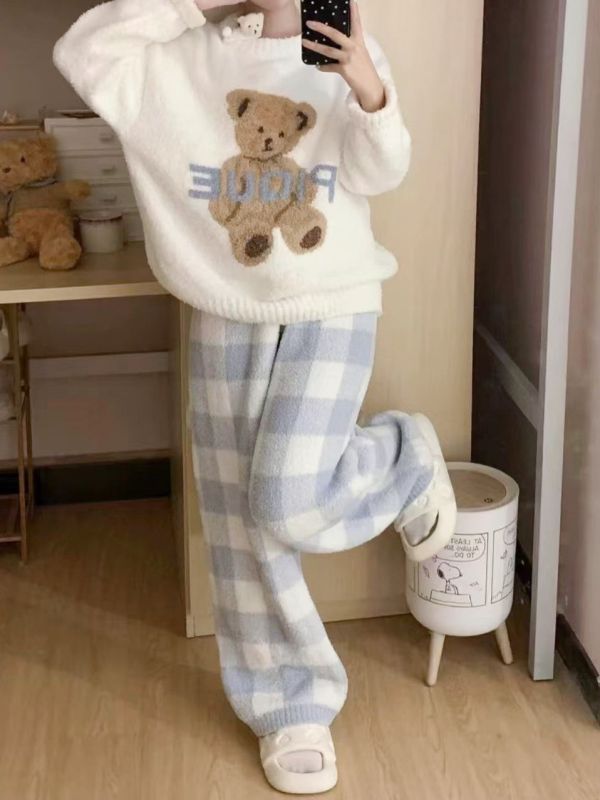 WQB35 超可愛熊熊格紋睡衣套裝 