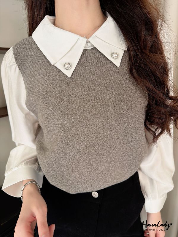 WQA50 蝴蝶釘珠領針織上衣 