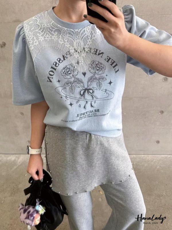 LSA12 玫瑰拼接蕾絲上衣 