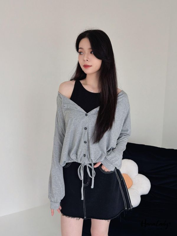 LFA30 柔軟親膚棉排釦下抽繩上衣 