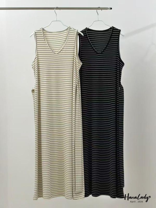 LFA84 涼感綁帶設計條紋長洋 