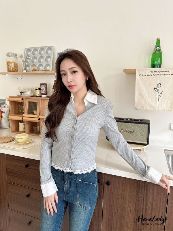 WEA49 襯衫領拼接坑條針織衫 