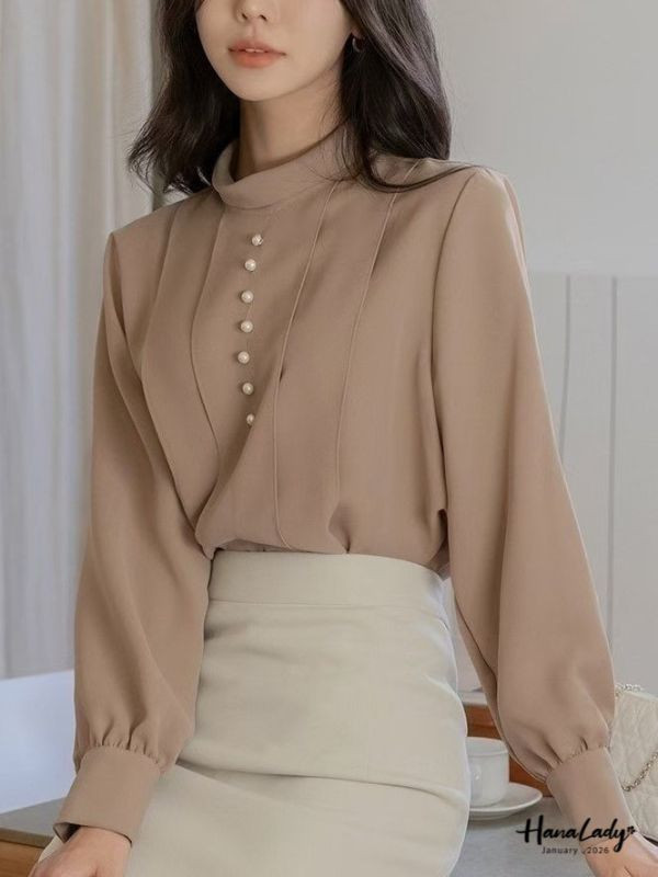 LEA28 珍珠小立領雪紡上衣 