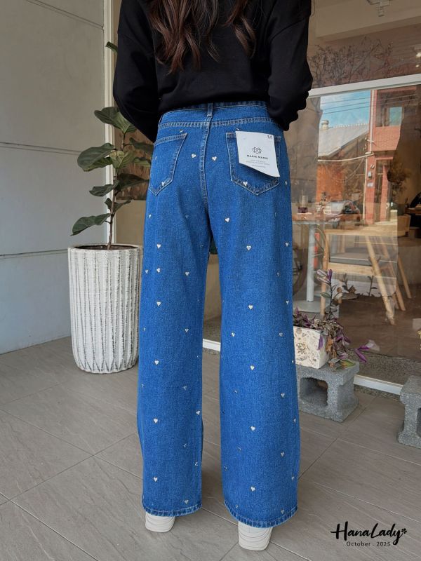 WTB28 燙銀愛心直筒丹寧褲 