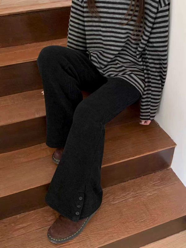 LEB17 暖呼三釦休閒刷毛喇叭褲 