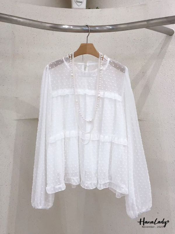 WJA39 日系透袖領層次波點上衣 