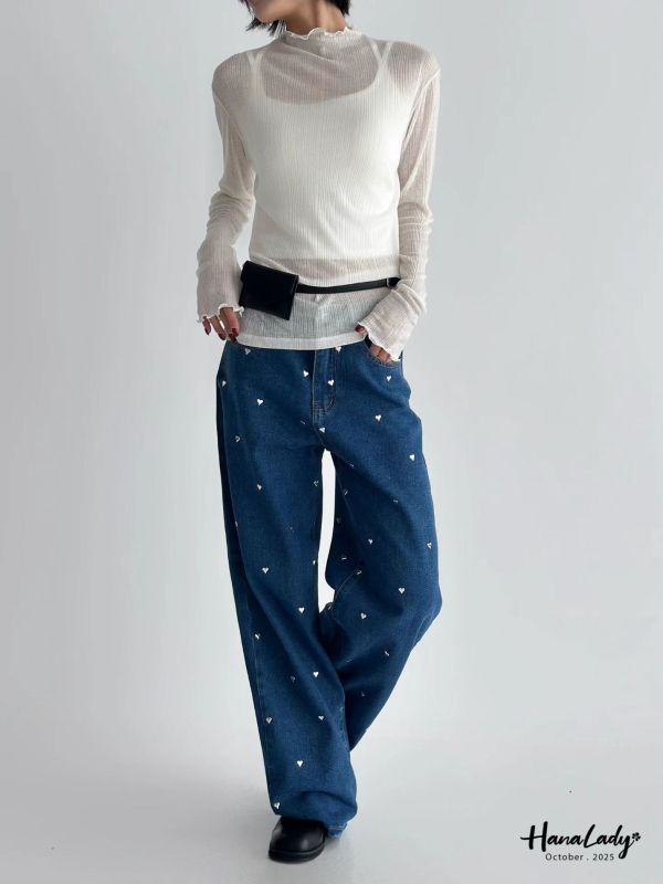 WTB28 燙銀愛心直筒丹寧褲 