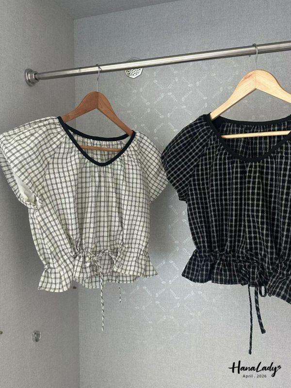 LFB09 格紋下綁結短版上衣 