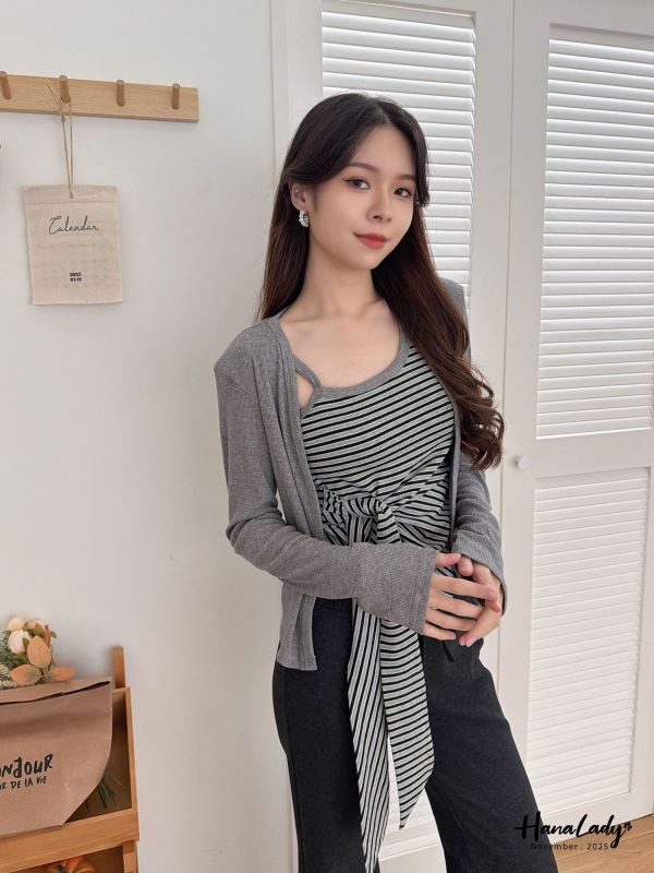 WJA50 收腰綁帶兩件式條紋上衣 