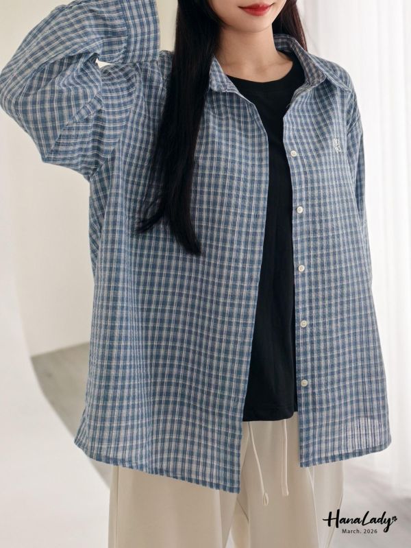 LSA18 高質感字母刺繡格子襯衫 