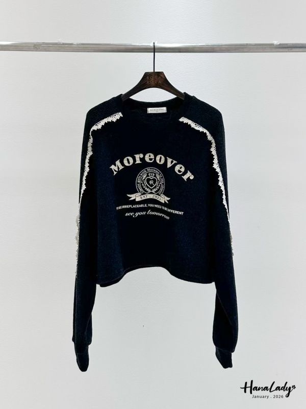 LEA41 坑條蕾絲袖印花棉絨T 