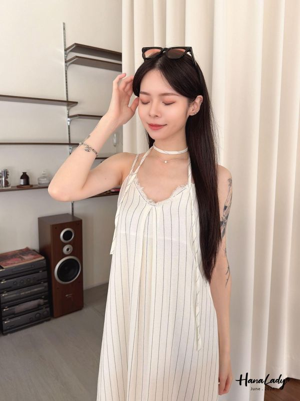 LLA43 渡假風直條綁結長洋 