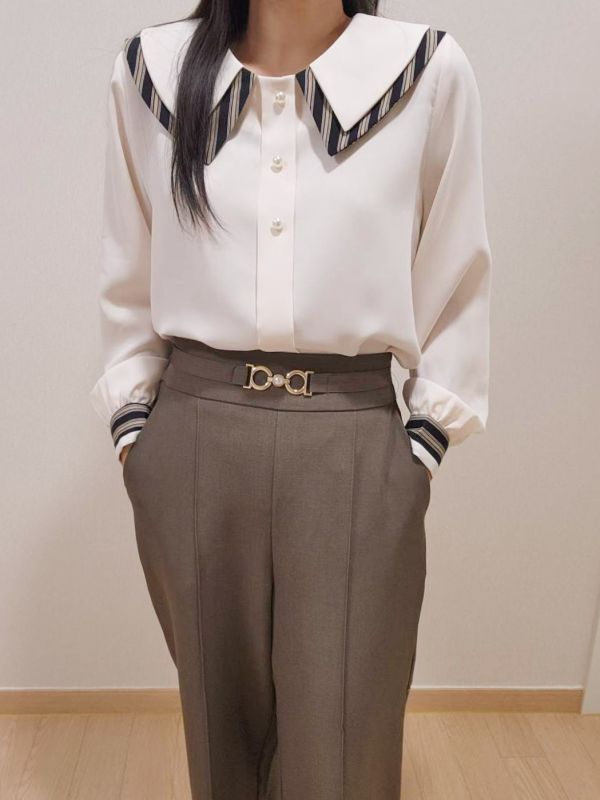 WQA47 線條層次領珍珠雪紡衫 