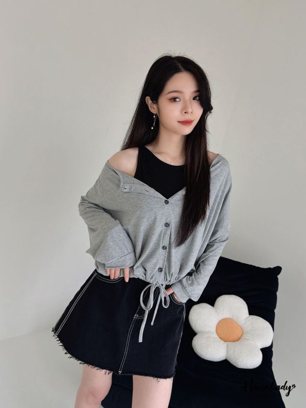 LFA30 柔軟親膚棉排釦下抽繩上衣 