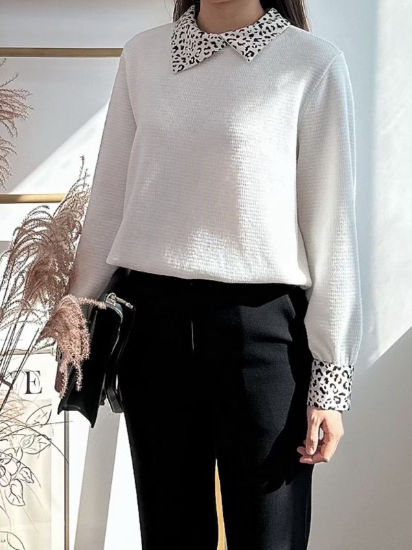 WQA54 豹紋雪紡拼接針織上衣 