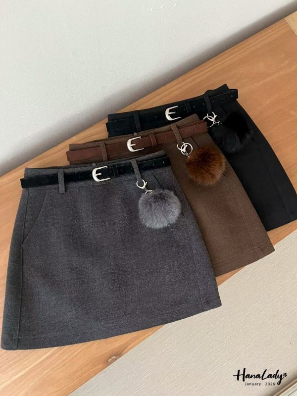 LEB08 附毛球腰帶棉絨褲裙 