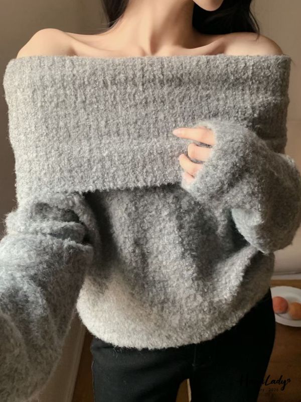 LEB16 浪漫一字領嫩Q針織上衣 