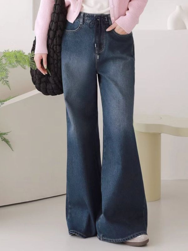 WQA37 人見人愛綁繩腰丹寧寬褲 