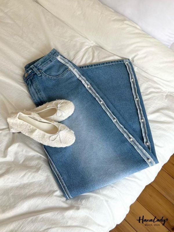 LSA52 珍珠反摺邊直筒丹寧褲 