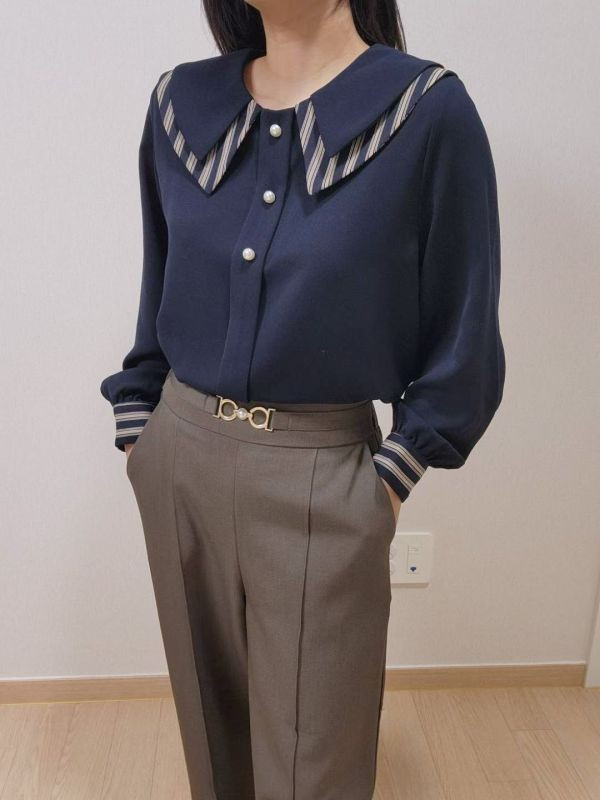 WQA47 線條層次領珍珠雪紡衫 