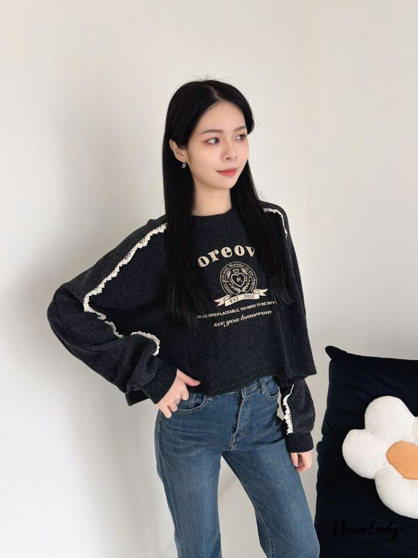 LEA41 坑條蕾絲袖印花棉絨T 