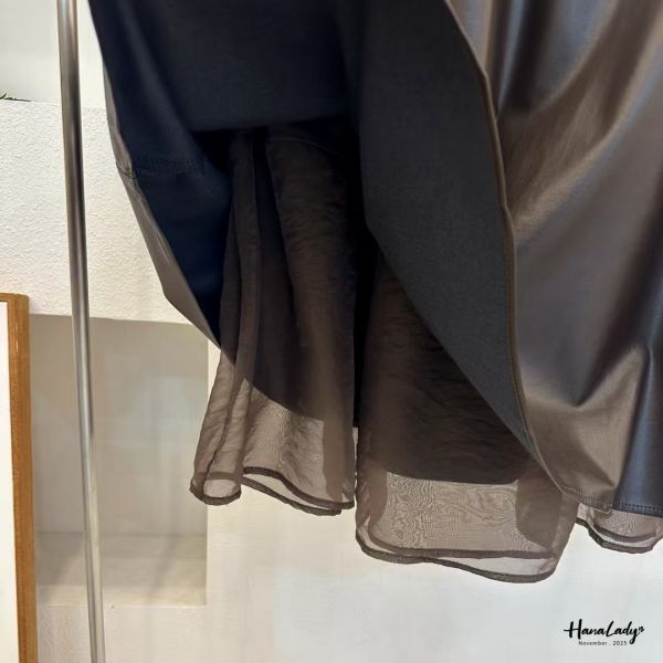 WJA82 層次接紗鬆緊腰皮裙 